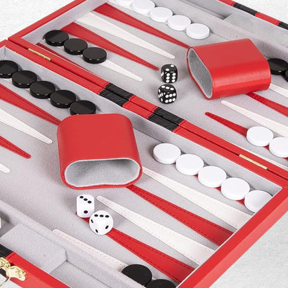 Premium Backgammon 18 Inches Large Red - Backgammon Sets for Adults and Kids - Leatherette Back Gammon Board Game Set - Travel Backgammon Set Board Encased with Accessories