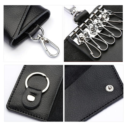 KyeeaDIY Leather Key Case Wallet, Keychain Key Holder with 6 Hanging Buckle Hooks Snap Unisex Coin Pouch Card Holder (Black)