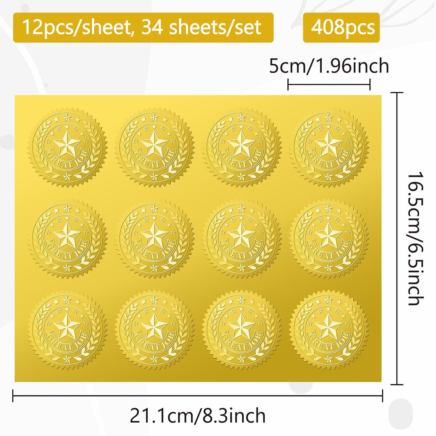 CRASPIRE 408Pcs Great Job Star Gold Foil Embossed Stickers 2" Official Self Adhesive Envelopes Seals Round Labels for Wedding Invitation Corporation Graduation Certificates Diplomas Gift Award