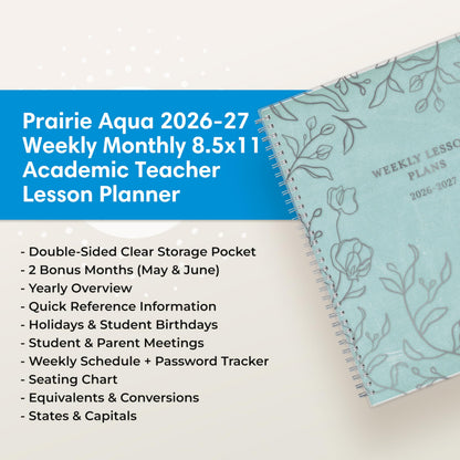 Blue Sky 2026-2027 Weekly and Monthly Academic Year Teacher Lesson Planner Calendar, July 2026 - June 2027, 8.5" x 11", Flexible Cover, Wirebound, Laminated Tabs, Storage Pocket, Prairie Aqua