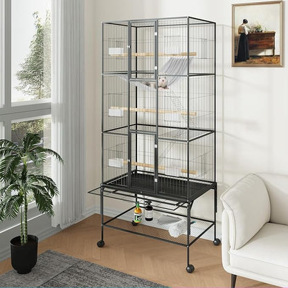 69 Inch Tall Parrot Cages for Large Birds, Three-Level Rolling Parakeet Cage with Storage Shelf Perches Feed Bowls, Bird Flight Cage, Large Bird Cages for Parrots Macaws Conures Cockatiels Parakeets