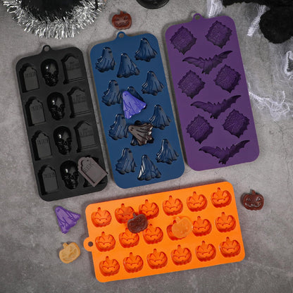 Webake Halloween Chocolate Mold Shaped with Pumpkin Jack-O-Lantern, Skull, Tombstone, Ghost, Bat and Spider, Halloween Silicone Molds for Chocolate, Candy, Ice Cube, Jello, Soap, Pack of 4