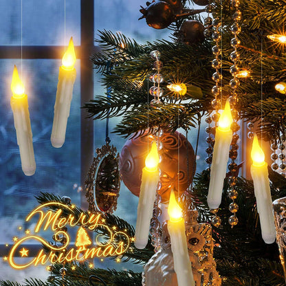 Floating Candles with Magic Wand Remote - 12 Pack Ivory Battery Operated Flickering Hanging Flameless LED Candle Lights,Realistic Taper Candles with String for Halloween,Christmas,Windows,Ceiling