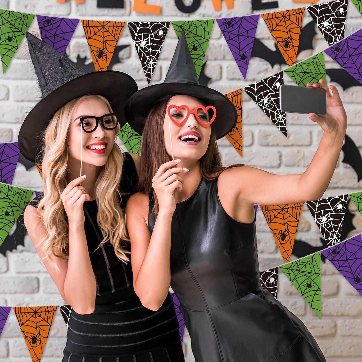 Jetec 5 Pieces 49 Feet Halloween Spider Web Pennant Banner Decorations Black Purple Orange and Green Spooky Spiderweb Triangle Flags Bunting Banners for Halloween Party Decor Indoor Outdoor Supplies