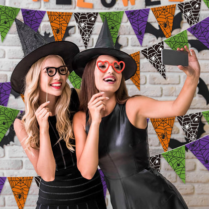 Jetec 5 Pieces 49 Feet Halloween Spider Web Pennant Banner Decorations Black Purple Orange and Green Spooky Spiderweb Triangle Flags Bunting Banners for Halloween Party Decor Indoor Outdoor Supplies