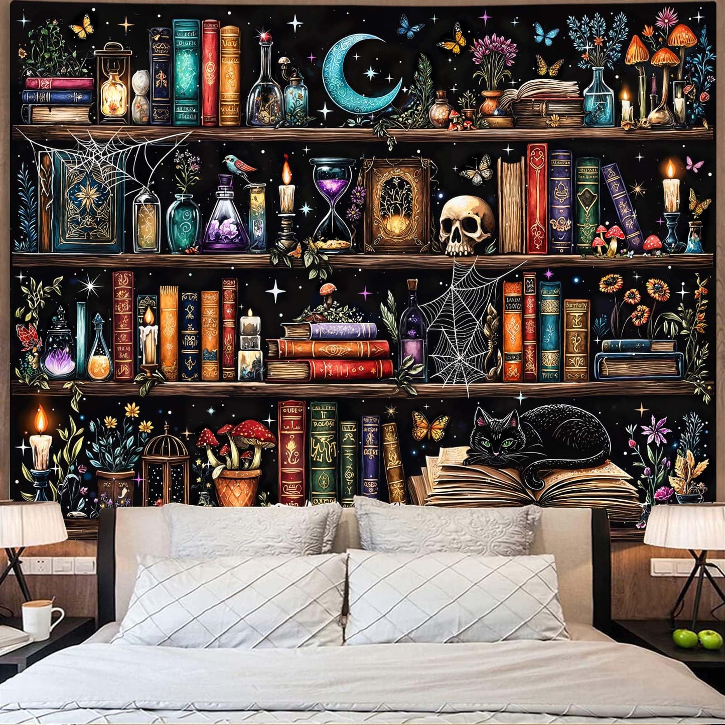 Motanber Witchy Bookshelf Tapestry Magic Gothic Witch Library Tapestries Wall Hanging Vintage Mushroom Skull Black Cat Dark Academia Book Large Tapestry for Bedroom Living Room Dorm 80 x 60 inch