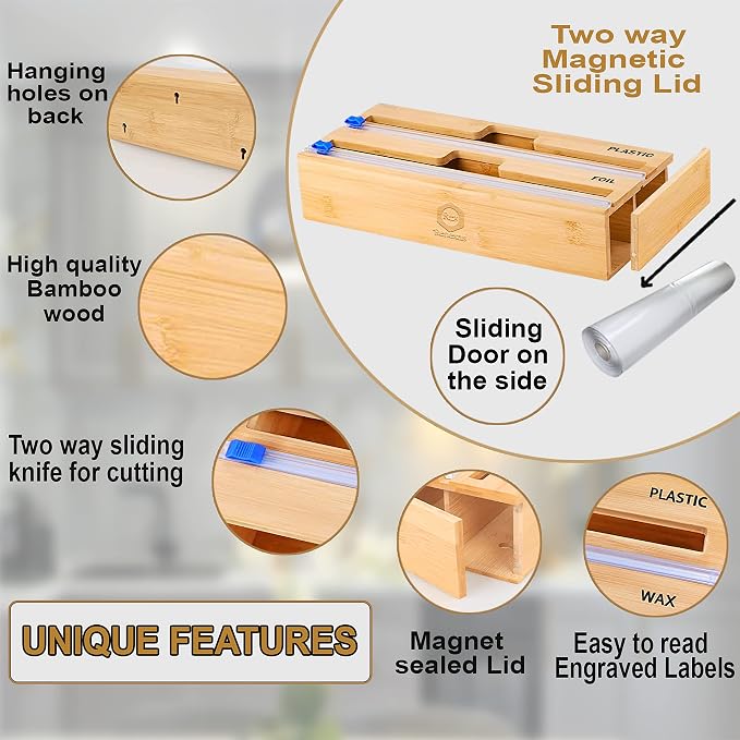 Foil and Plastic Wrap Organizer with Kitchen Aluminum Foil Holder, Cling Plastic Wrap Dispenser with Cutter and Labels, Bamboo Kitchen Wrap Organizer (2 in 1)
