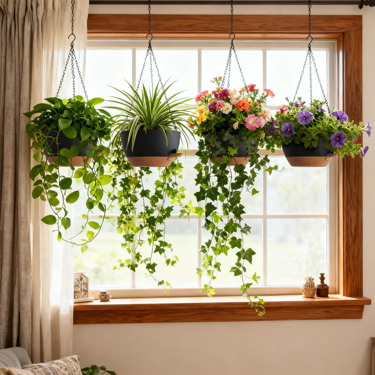 UOUZ 4 Pack 8 Inch Self Watering Hanging Planters for Indoor Outdoor Plants，Hanging Pots for Plants with Drainage Removable Tray, Hanging Baskets Flower Pots for Pothos Spider Garden Black with Brown