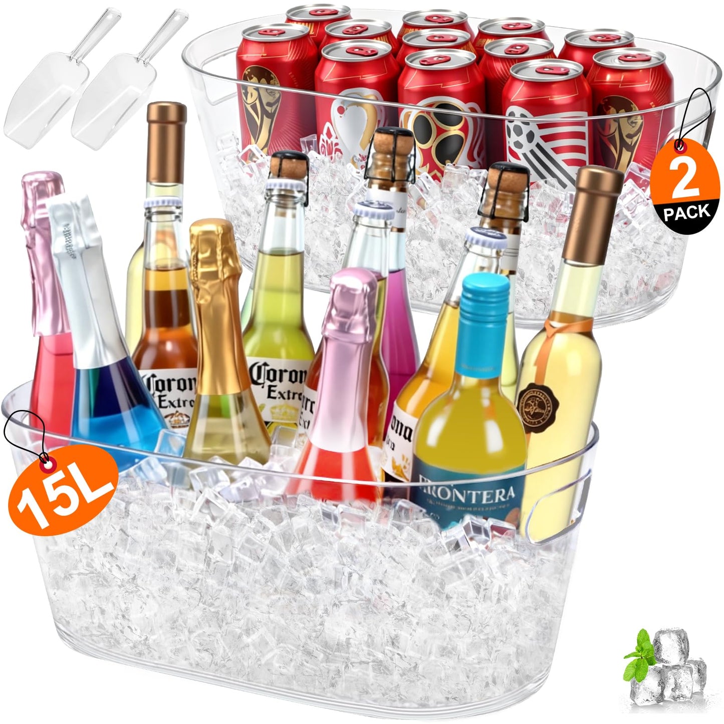 Ice Buckets for Parties 2 Packs, 15L Large Ice Bucket with 2 Scoops, Clear Acrylic Plastic Tub for Home Office Fridge Storage, Supplies for Champagne, Beer, Cocktail on Mimosa Bar Drinks and Parties