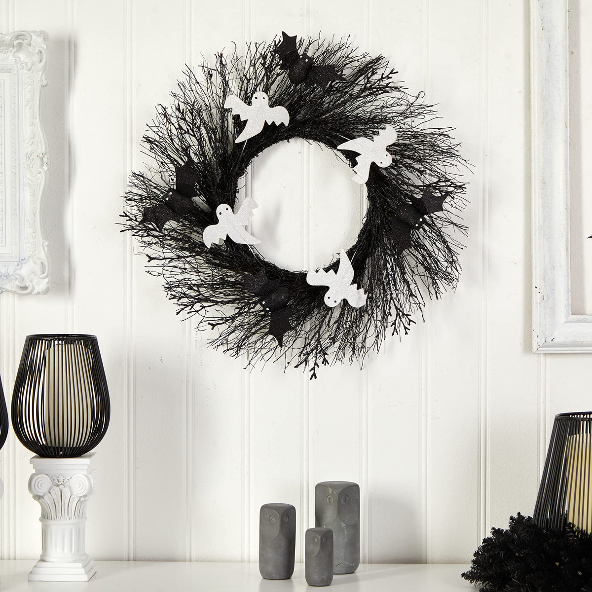 Nearly Natural 22in. Halloween Ghost and Bats Twig Wreath