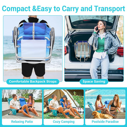 #WEJOY Lightweight Low 2 Pack Beach Chair for Adults, 4-Position Aluminum Folding Camping Chairs with Shoulder Strap, Cup Holder and Padded Headrest, Supports 265lbs for Lawn Outdoor Blue Pattern