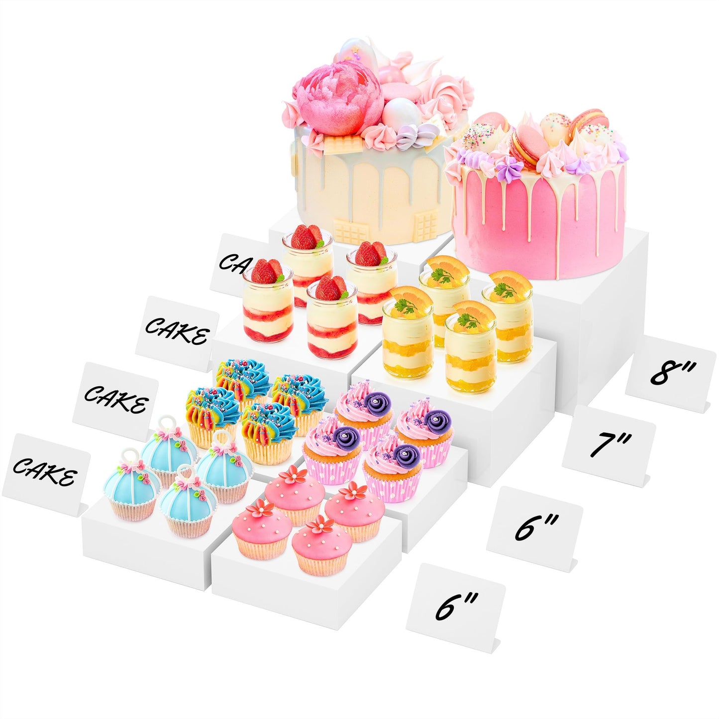 BreeziiDesign 8” Buffet Risers with Mini Signs, Buffet Table Risers and Stands, Acrylic Cube Display Box for Catering Party Table Food Display, Dessert, Cakes - White, Set of 8 Boxes