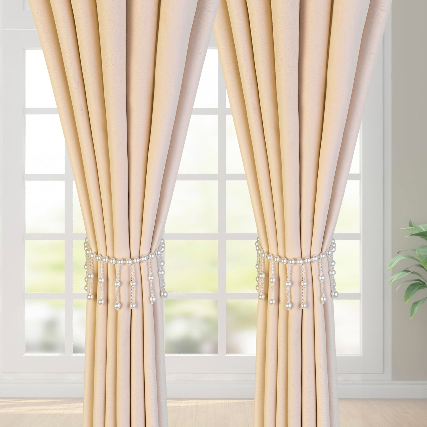 SUQ I OME 1 Pair Magnetic Pearl Curtain Tieback, Crystal Sheer Window Curtain Holder for Drapes, Home Office Bedroom (Tassels)