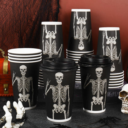 JarThenaAMCS 50Pcs Halloween Coffee Cups 16 Oz Smiling Skeleton Paper Cup with Lid Disposable Black Drinking Cups for Hot Cold Drink Trick or Treat Party Supplies