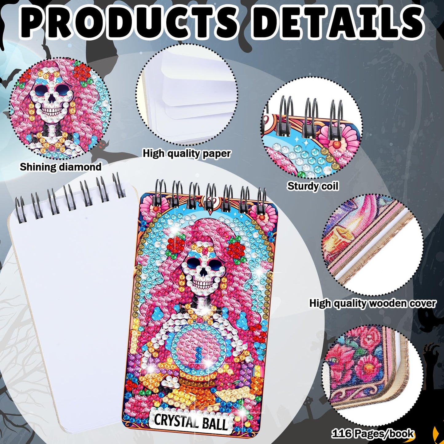 Fuyoooo 12 Pcs Summer Halloween Diamond Art Notebook Kits for Adults DIY Hawaiian Halloween Diamond Painting Notebook Gift Set Cover Notepad 5d Pink Skull Journal Art Crafts Accessories with Tools