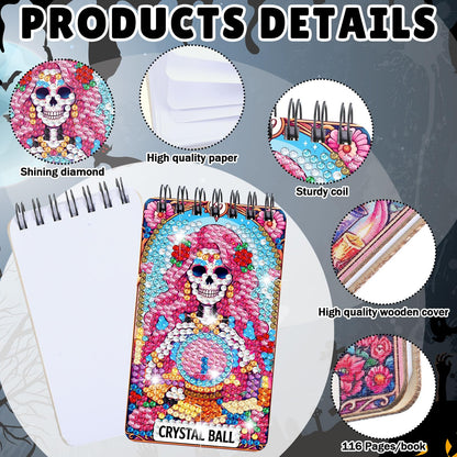 Fuyoooo 12 Pcs Summer Halloween Diamond Art Notebook Kits for Adults DIY Hawaiian Halloween Diamond Painting Notebook Gift Set Cover Notepad 5d Pink Skull Journal Art Crafts Accessories with Tools