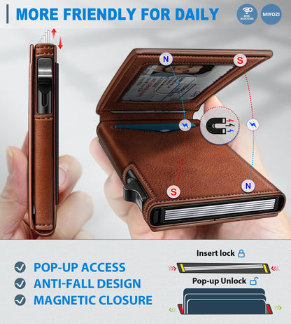 miyozi Wallet for Men, Slim Pop Up Card Holder - RFID Blocking Minimalist Bifold Wallet with ID Window, Holds 9-11 Cards & Stretchable Strap, Metal Flip Case with Magnetic Closure, Gift Box