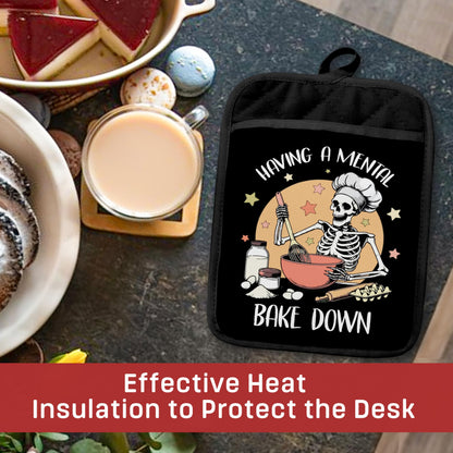 GOOZHO Funny Halloween Skeleton Baker Pot Holders with Pockets, Having a Mental Bake Down Halloween Skull Oven Pot Holders Heat Resistant Oven Mitts Hot Pads for Kitchen Baking Cooking