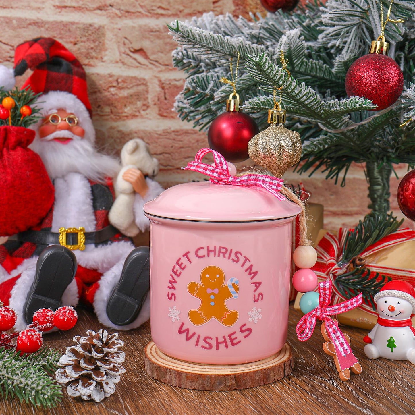 JarThenaAMCS Christmas Mini Ceramic Canister Mini Jar Pink Brown Gingerbread Man Candy Bowl with Lid Buffalo Plaid Bow Wooden Beads for Xmas Winter Home Table Centerpiece Decor Storage Accessory
