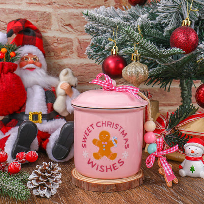 JarThenaAMCS Christmas Mini Ceramic Canister Mini Jar Pink Brown Gingerbread Man Candy Bowl with Lid Buffalo Plaid Bow Wooden Beads for Xmas Winter Home Table Centerpiece Decor Storage Accessory