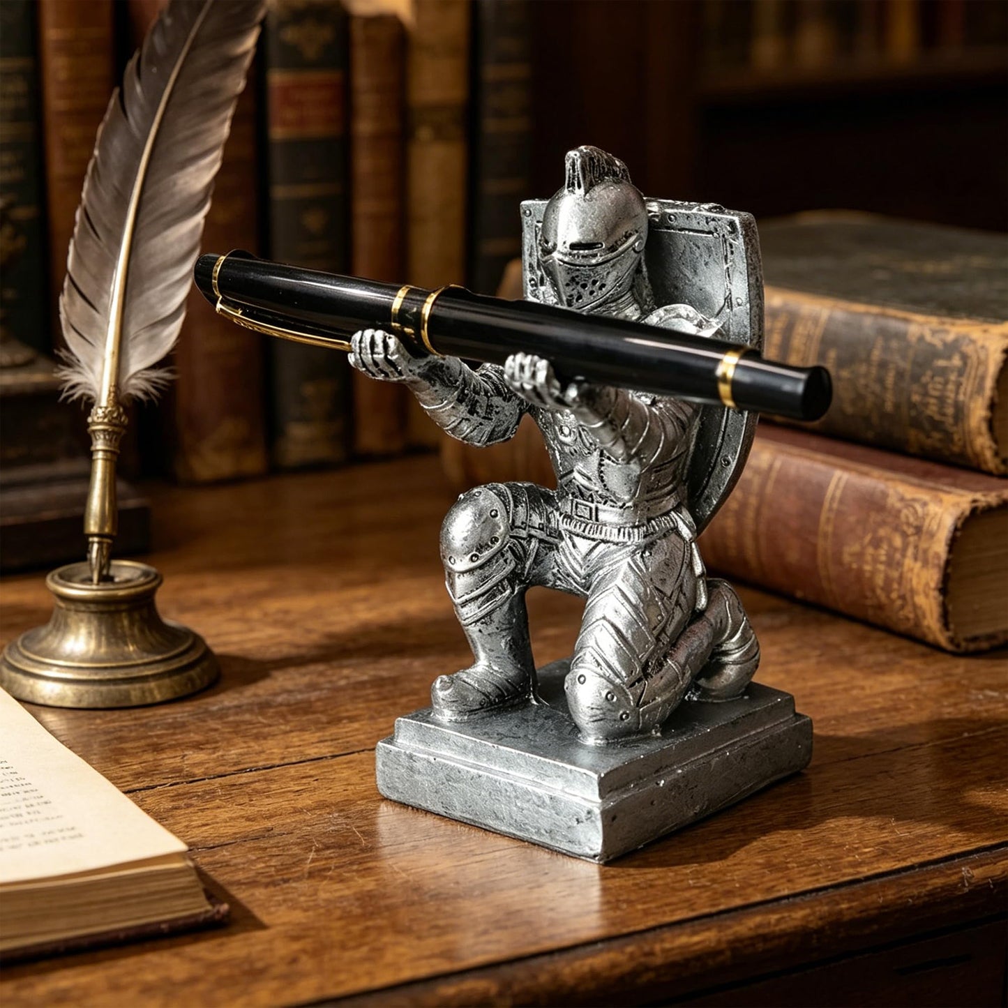 Resin Soldier Shield Knight Decor Statue Pen Holder Base for Desk, Desktop Organizer Pencil Stand Display for Office, School, Home, as Gift for Men Father