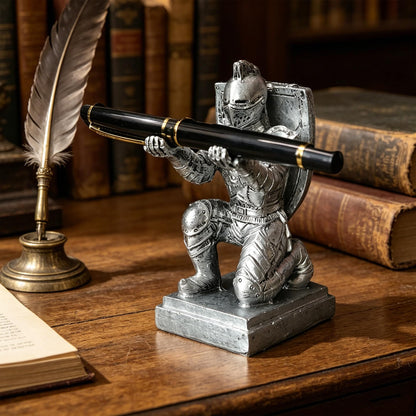 Resin Soldier Shield Knight Decor Statue Pen Holder Base for Desk, Desktop Organizer Pencil Stand Display for Office, School, Home, as Gift for Men Father