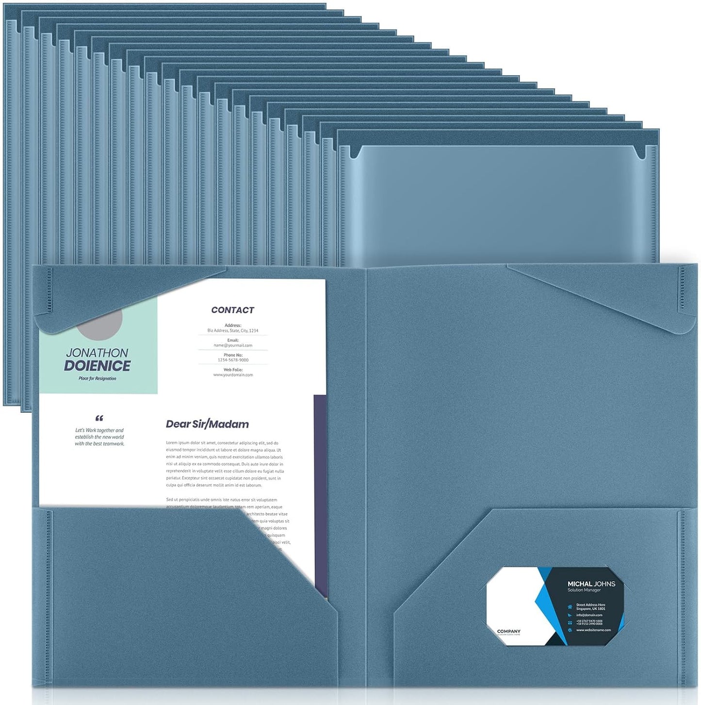 Henoyso 60 Pcs Plastic Folders with Clear Front Pockets Heavy Duty File Folders with 2 Pockets and Card Slot for Student Communication School Office Presentation Report (Blue Gray)