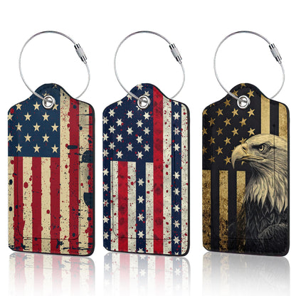 3 Pack PU Retro American Flag Leahter Luggage Tag with Stainless Steel Loop,Travel Suitcase Labels with Privacy Cover ID Label Quickly Spot for Bags