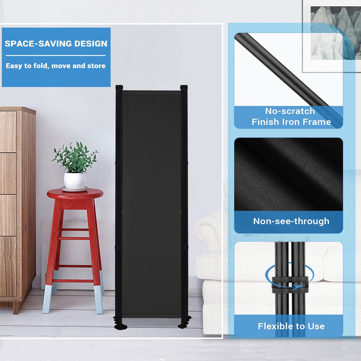 MAYOLIAH 6 Panel Room Dividers Folding Privacy Screen, 10ft Wide 6ft Tall Partition Office Walls Separator with Small Base, Black