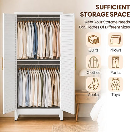 Metal Armoire Wardrobe Closet, 71" Clothing Storage Cabinets with Adjustable Hanging Rod, Louvered Doors, 2 Side Hooks & 2 Adjustable Rod- Closet Cabinet for Bedroom, Laundry Room, Cloak Room