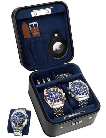 KAMIER Watch Travel Case with Combination Lock - 2 Watch Storage and Jewelry Organizer - Watch Case for Ring and Watch Storage, PU Leather Travel Watch Case, Ideal for Gift (With Gift Box) (Black)