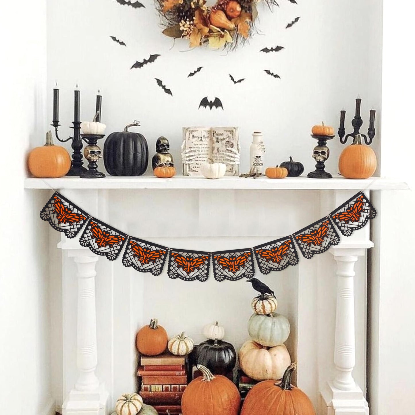 Spooky Bat Banner Halloween Theme Party Decorations,Bohemian Scary Bat Cutout Garland,Spooky Holiday Mantel Hanging Decorations,Halloween Bats Banner Photo Backdrop