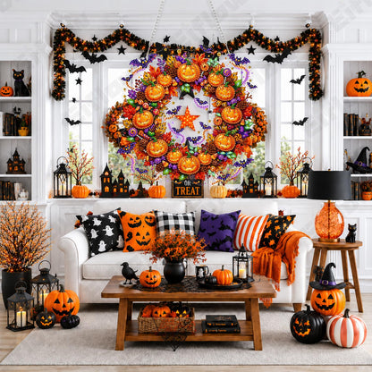 Eiflow Hanging Diamond Art Halloween Kit for Adults DIY Acrylic Diamonds Craft Painting Ornament Pumpkin Kit, Special Crystal Diamond Art Painting Window Door Hanging Pendant Wreath