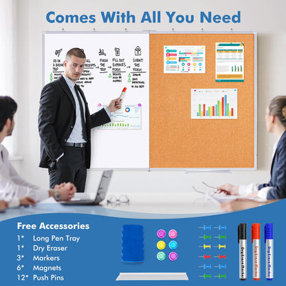 Magnetic White Board and Cork Board Combo, 48 X 36 inches Whiteboard Bulletin Combination Board, Wall Mounted Dry Erase Message Board for Home, School and Office