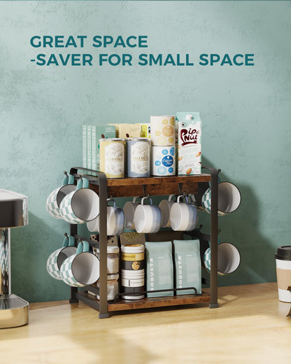 OROPY Wooden Coffee Bar Organizer with 14 Mug Hooks, 2 Tier Countertop Coffee Mug Holder Stand for Cups, Mugs, Syrups, Accessories