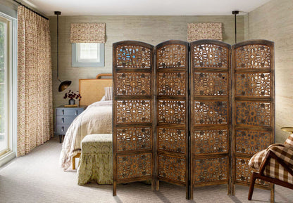 Room Divider Wood Screen - Rajasthan Antique Brown - 4 Panel Folding 72 x 80 - Intricate Hand Carved Decorative Functional Versatile Portable Partition Reversible Freestanding Privacy - COTTON CRAFT