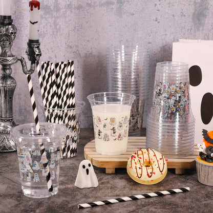 Whaline 50 Pcs Halloween Disposable Plastic Cups with Lids and Straws Spooky Reading Book Ghost Theme Cold Beverage Drinking Cups for Trick or Treat Birthday Party Supplies