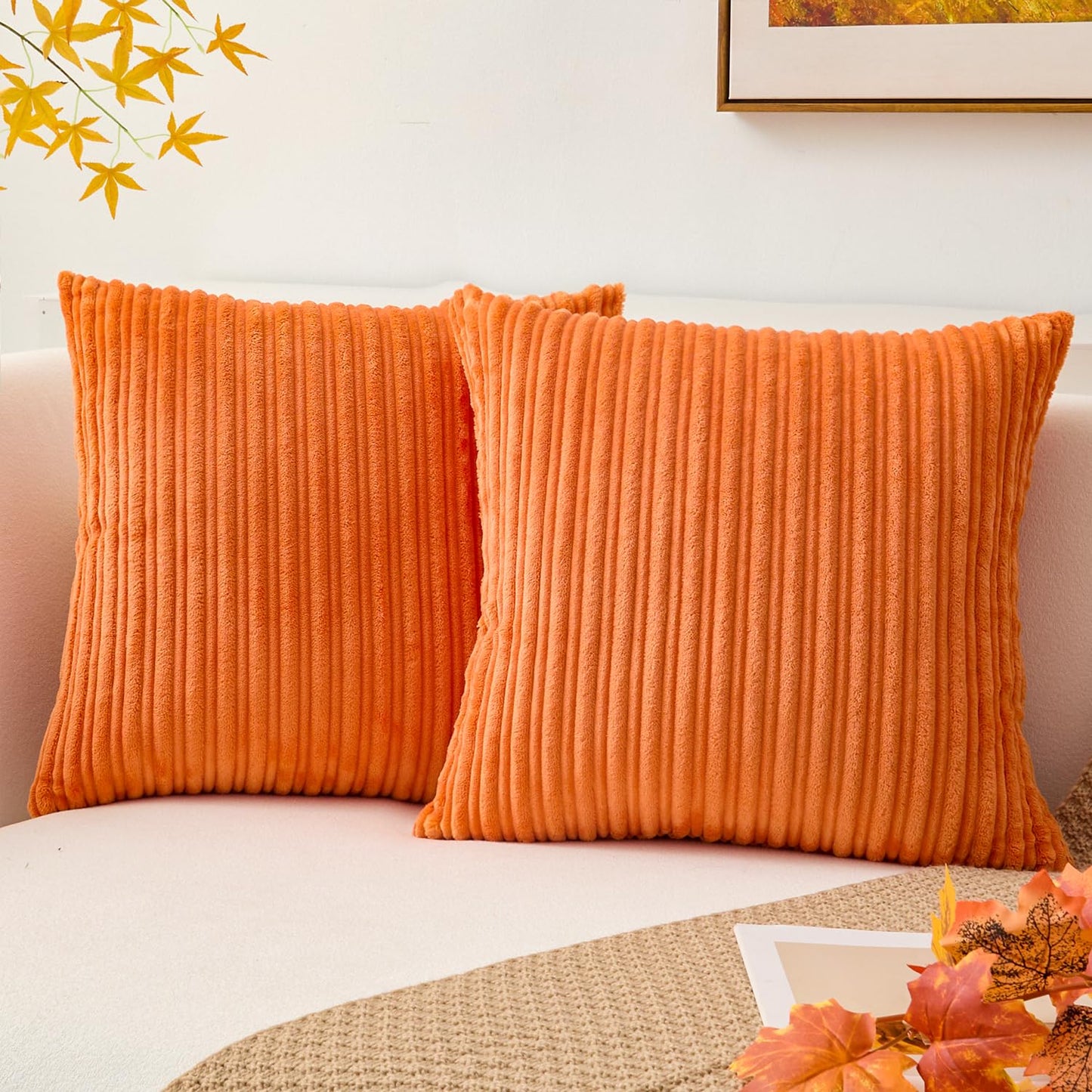 Kevin Textile Fall Pillow Covers 18x18 Striped Corduroy Velvet Cushion Covers Set of 2 Baby Square Decorative Pillowcase for Seasonal Autumn, 18 x 18 inch, Orange