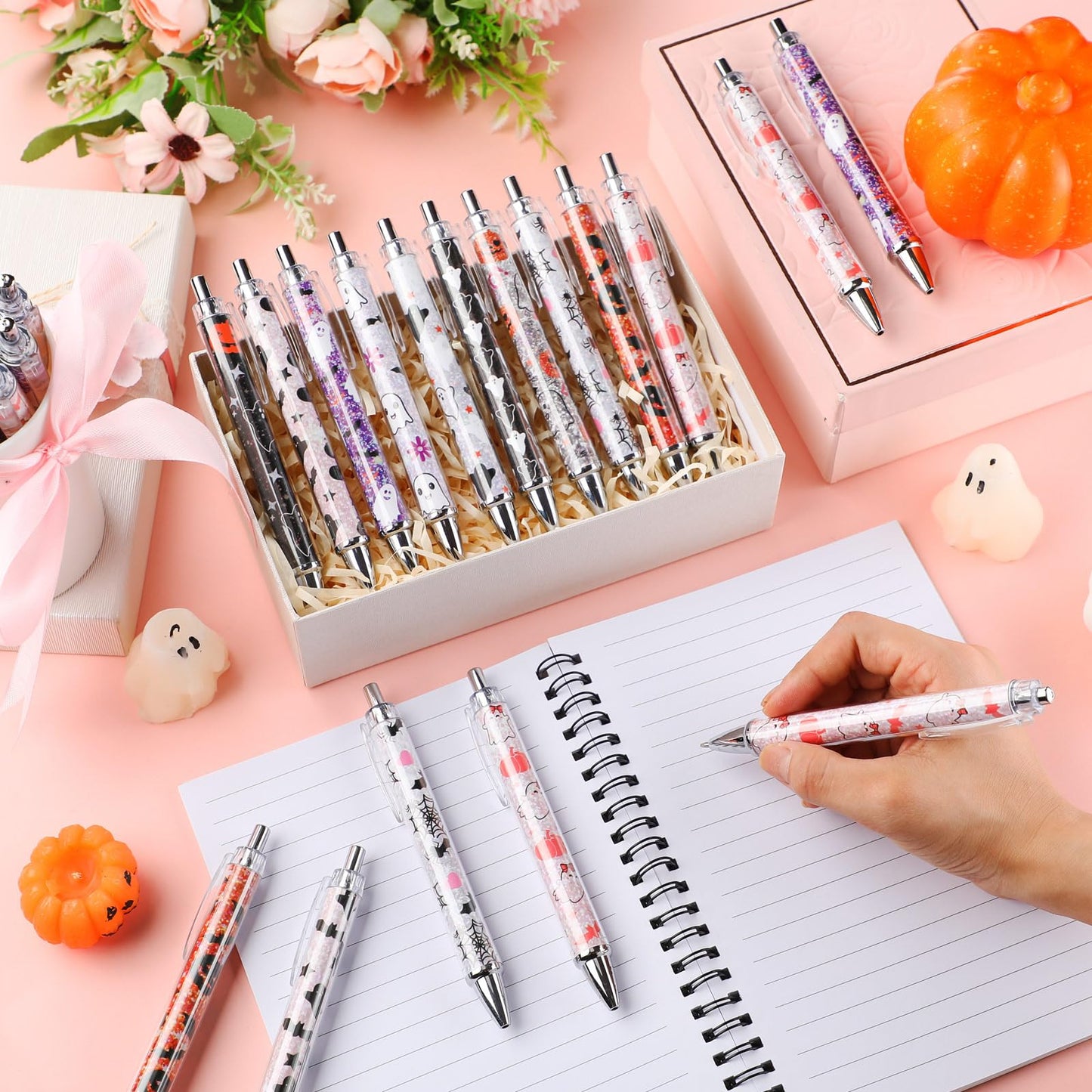 Motipuns 50 Pcs Halloween Pens Bulk Pink Ghost Ballpoint Pens Spooky Cartoon Cute Ghost Bat Halloween Holiday Gifts for Home Office School Writing Stationery Supplies