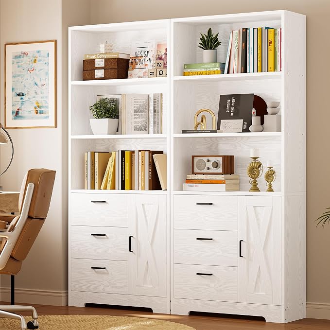 IRONCK Bookshelf with Doors and 3 Drawers, 71in Tall Bookcase with 3-Tier Shelves, for Living Room Entrance Hallway Home Office