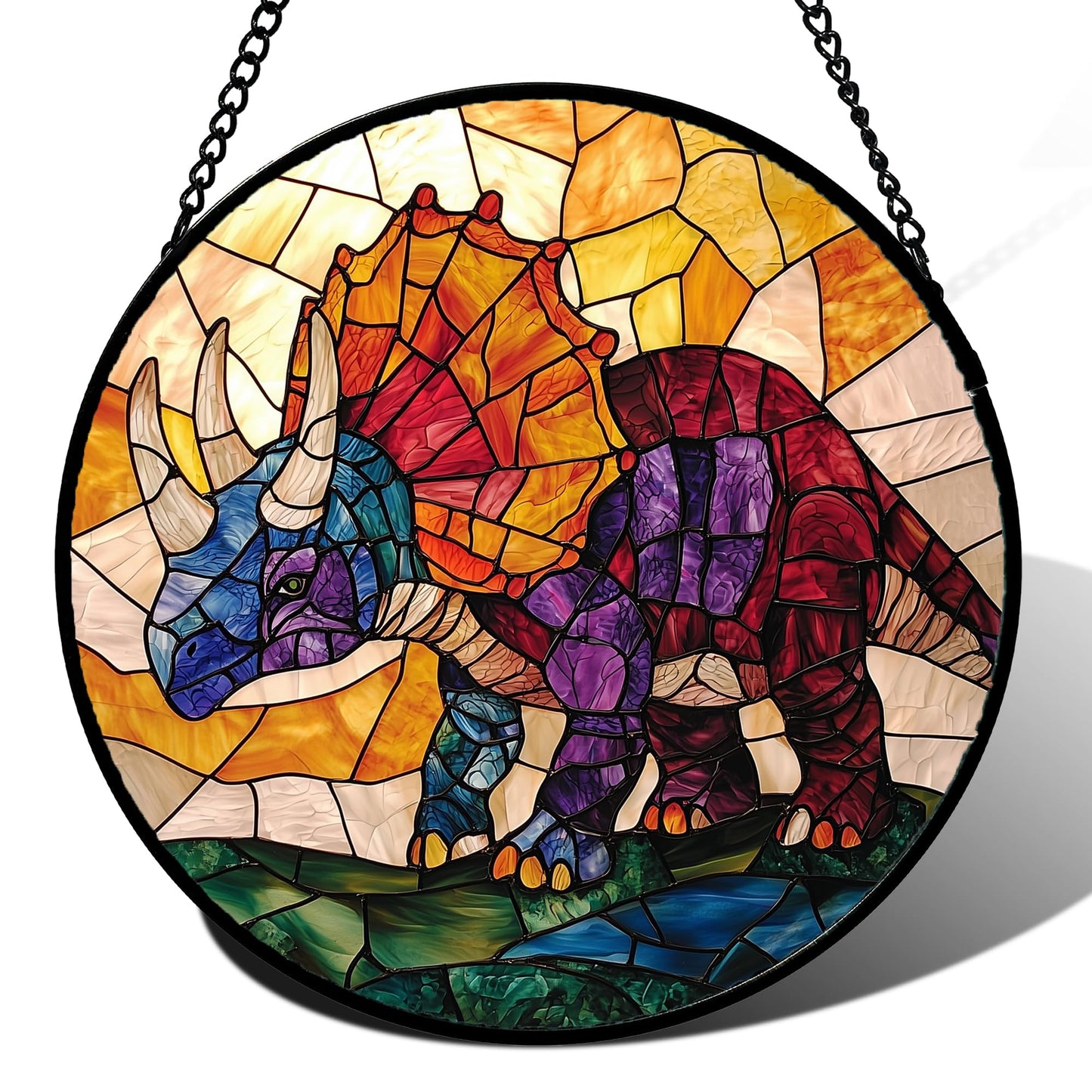JOSUMALY Stained Glass Window Hanging - Triceratops Abstract Dinosaur Suncatcher for Door Terrace Garden Home Decor, Orange Red Sun Catcher Birthday Gifts for Lovers Women Men Dad Mom Nana 7.8 in