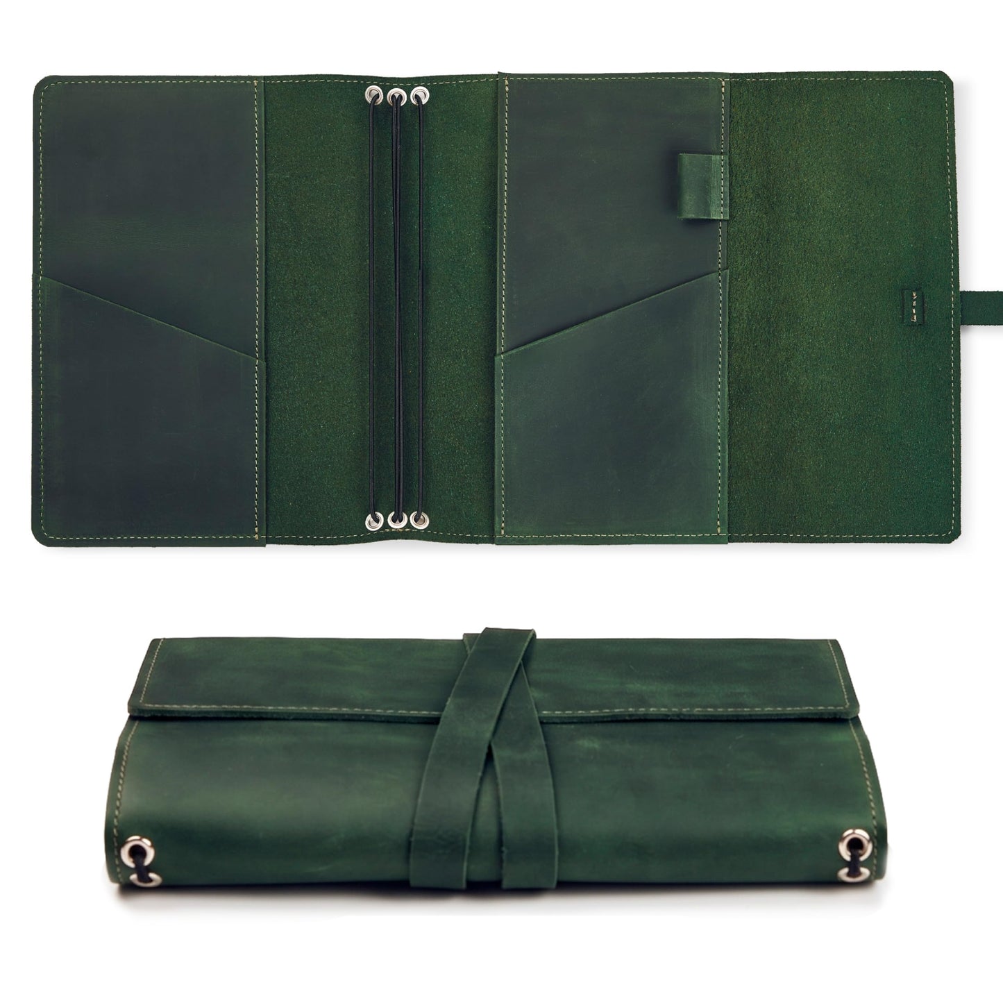 Leather Journal Cover – Refillable A5 Notebook Cover (5.8" x 8.3") with 3 Elastic Bands for Multiple Inserts, Genuine Leather Travel Diary Case with Pockets & Pen Holder Green (Inserts Not Included)
