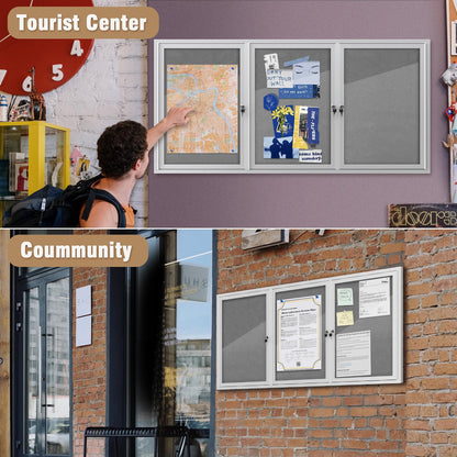 Mifuro 70"x34" Enclosed Bulletin Board, Outdoor Lockable Weather-Resistant Aluminum Cork Noticeboard for School & Office, Silver Frame w/Grey Flet