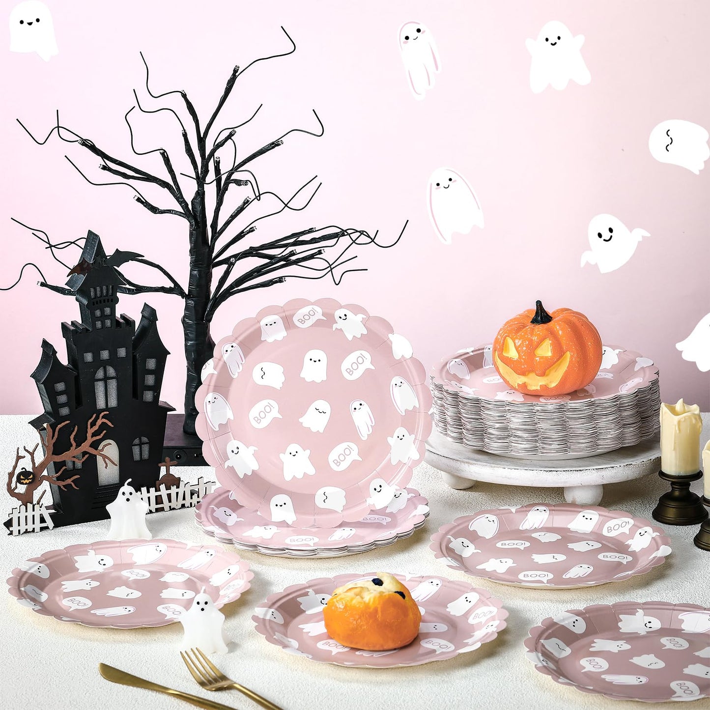 Havawish 100 Pcs Christmas Paper Plates Pink Ghost Boo Disposable Plates 9 Inch Cute Cartoon Ghost Tableware decorations for Christmas Happy Boo's Day Birthday Baby Shower Party Supplies
