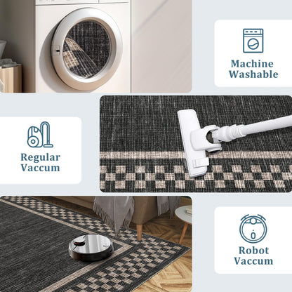 Small Bedroom Area Rug 3x5 Checkered Area Rug for Living Room Nursery Non Slip Kitchen Throw Carpet Low Pile Modern Bordered Rugs Washable Bathroom Mat Soft Brown Rugs for Laundry Entryway, Black