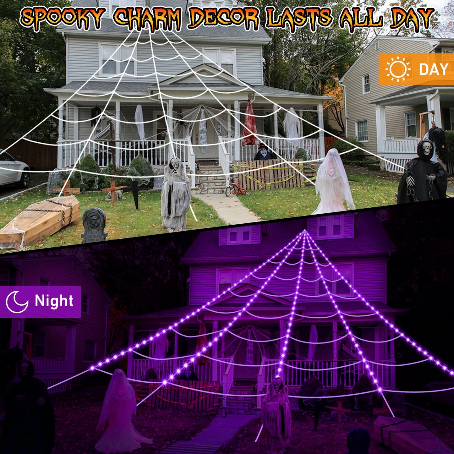 Halloween Spider Web Lights 250 LED: 19.68Ft Outdoor Web Halloween Decorations with Purple Lights - Halloweens Decor Light with 8 Modes Waterproof & Timer for Outdoor Indoor Yard Haunted House