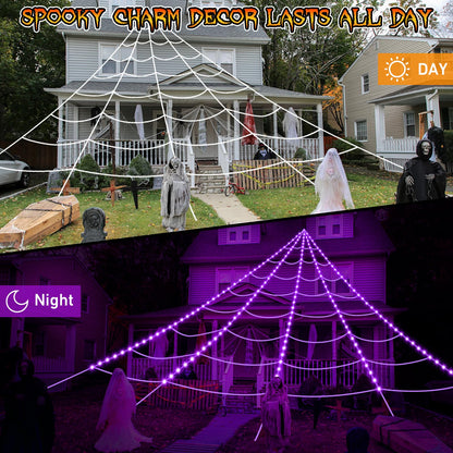 Halloween Spider Web Lights 250 LED: 19.68Ft Outdoor Web Halloween Decorations with Purple Lights - Halloweens Decor Light with 8 Modes Waterproof & Timer for Outdoor Indoor Yard Haunted House