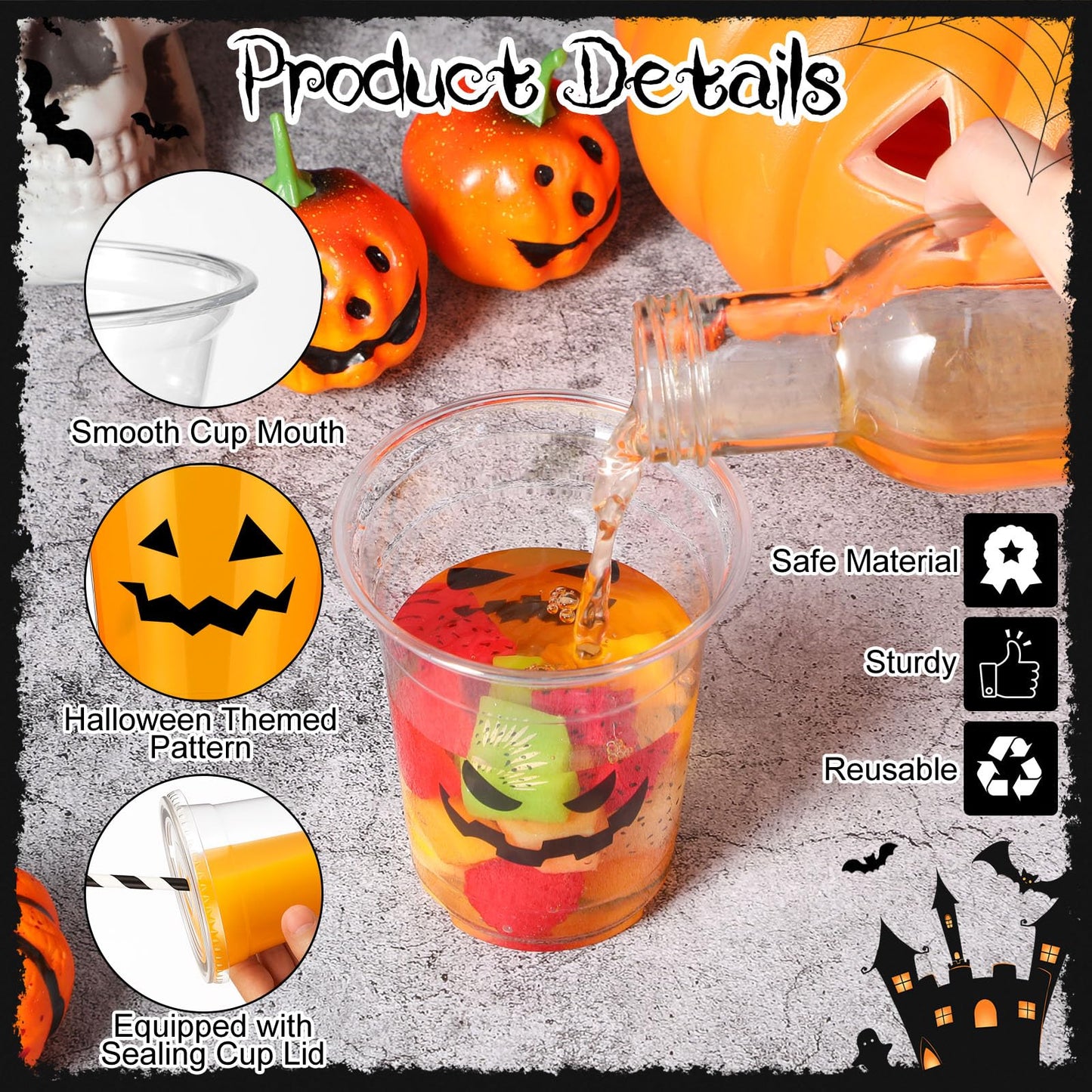 Bokon 60 Pcs Halloween Plastic Cups with 60 Lids and 75 Pcs Straws 12oz Disposable Clear Ghost Face Cups Bulk 12 Styles for Beverage Drink Snacks Wine Halloween Trick or Treat Supplies