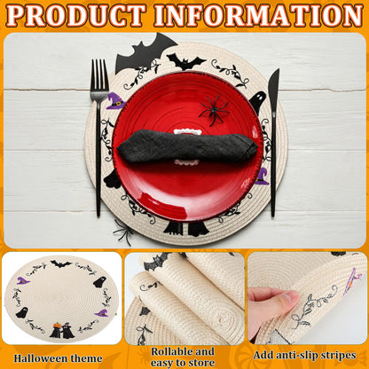 Remerry 6pcs Halloween Round Placemats Embroidered Pablemats Seasonal Autumn Holiday Table Mats Heat-Resistant for Halloween Party Home Kitchen Dining Restaurant Decoration Gift