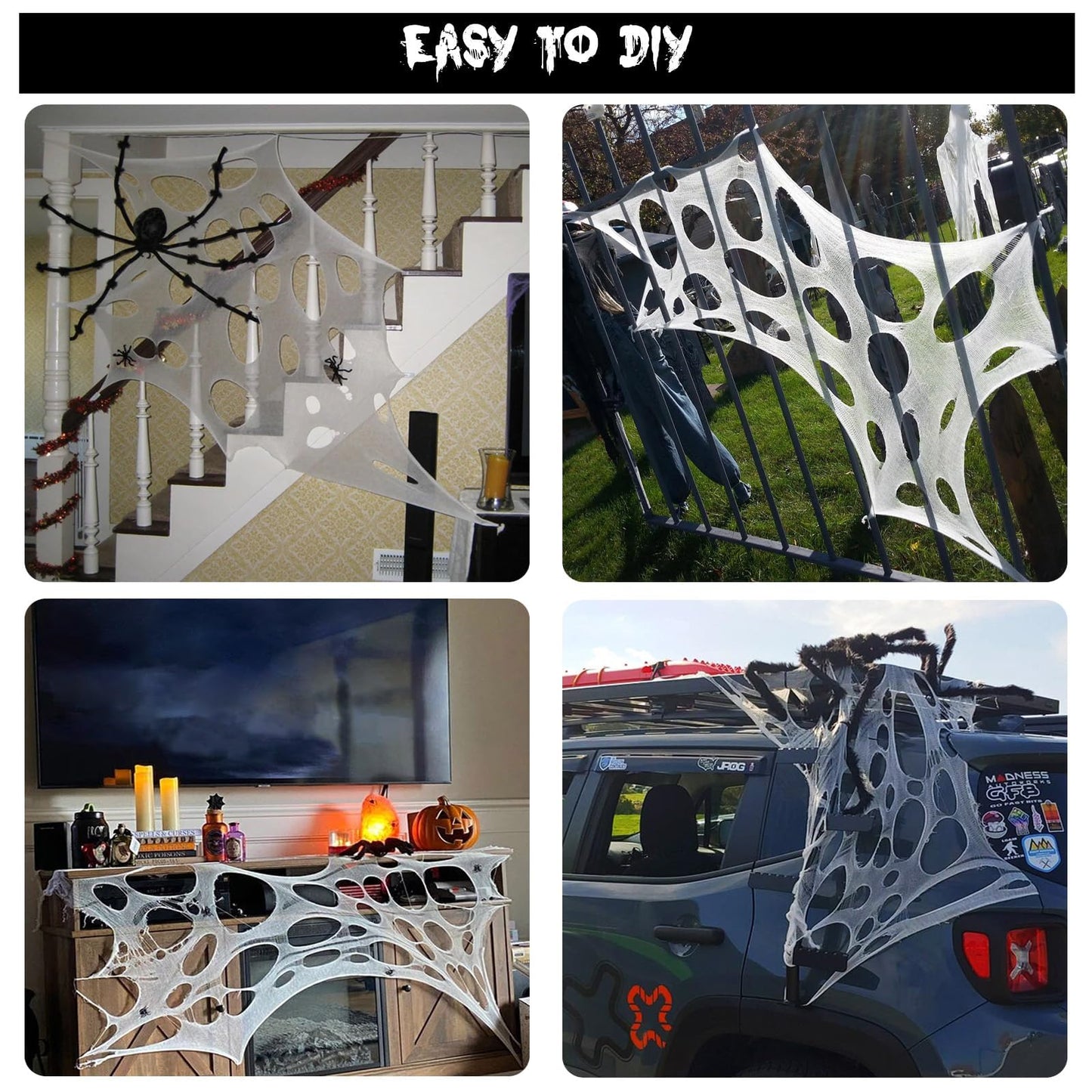 Runleo Giant Spider Webs Halloween Decorations Outdoor, Pre-Cut Super Stretchy Beef Netting DIY Spider Webbing with Stakes, Gauze Spiderwebs Cobwebs for Haunted House Yard Tree Party Indoor Decor